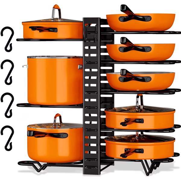 Adjustable 8-tier cookware rack with black finish, storing pots, pans, lids; kitchen cabinets organizer.