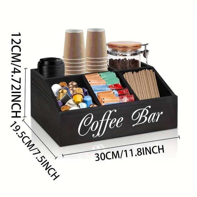 Coffee bar organizer with compartments for coffee cups, pods, and other items on a white background.