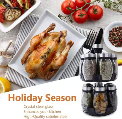 Roasted chicken on a plate with a spice rack and tomatoes in the background, labeled 'Holiday Season'.