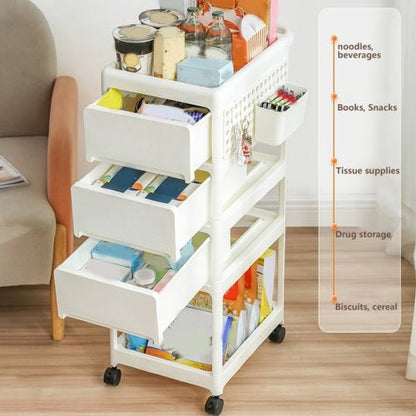 White storage cart with multiple compartments filled with various items in a room setting.