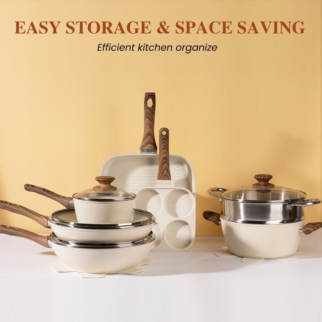 Set of cookware with storage solution on a white surface against a beige background