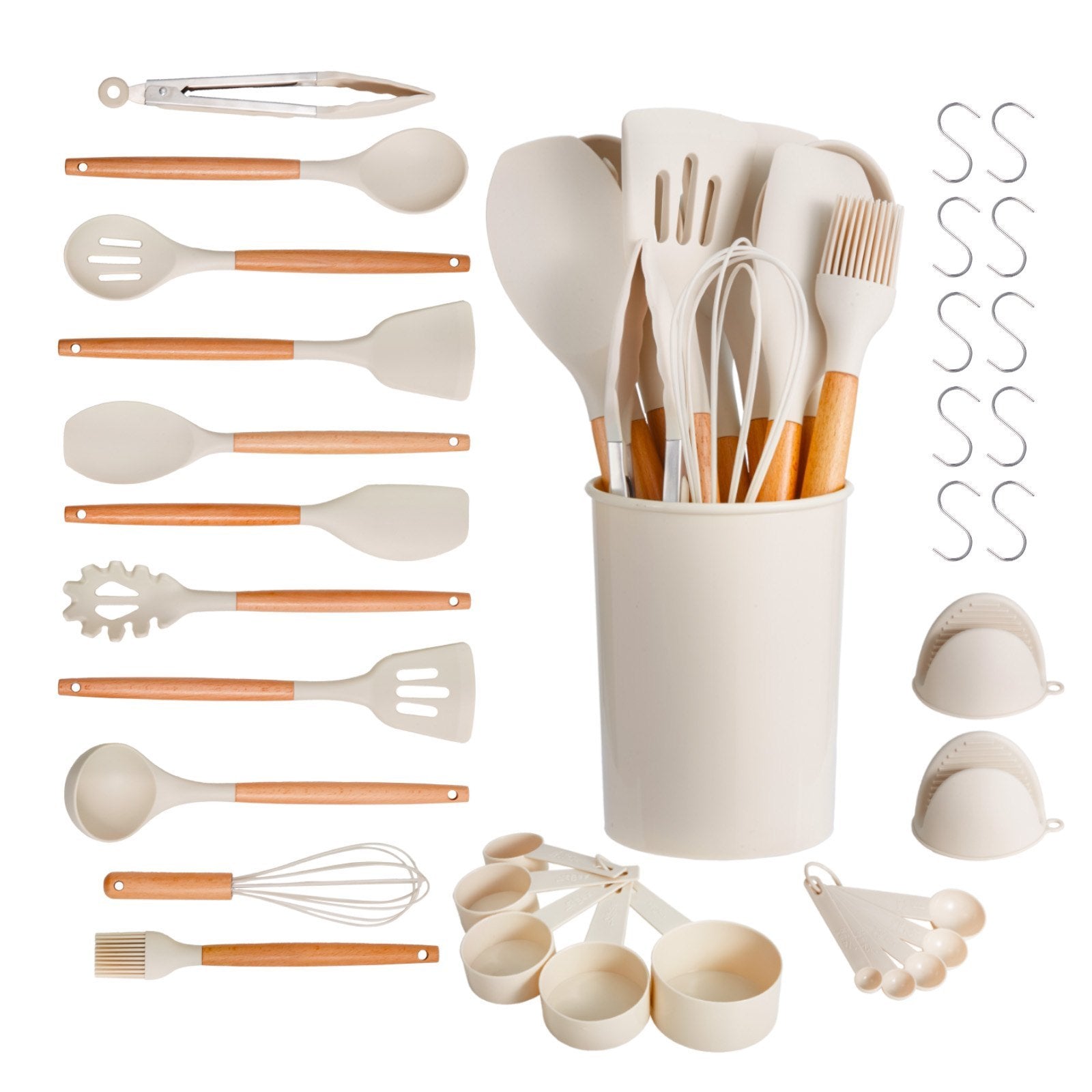 Set of kitchen utensils including spatulas, whisks, and measuring cups in a white container on a white background.