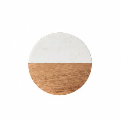 Round coaster with white top and wooden bottom on a white background