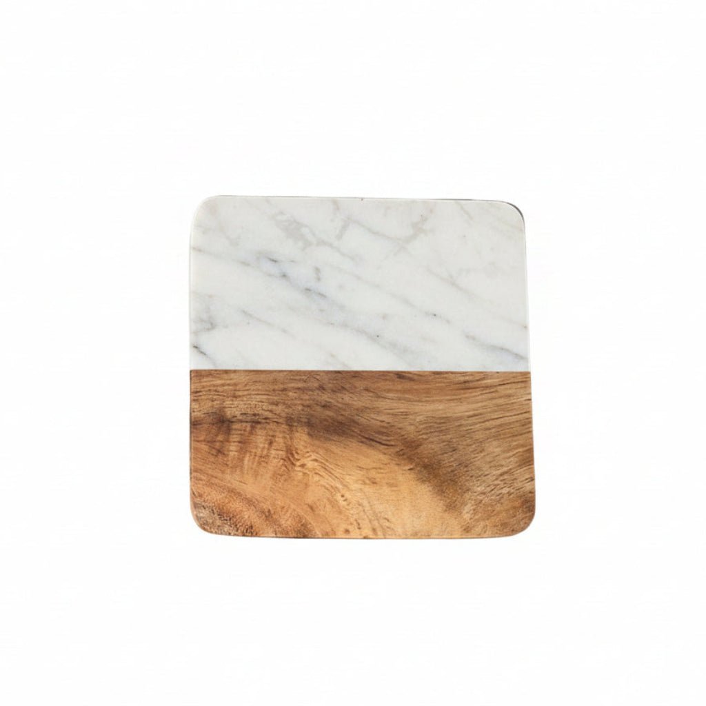 White marble and acacia wood square coaster on white background