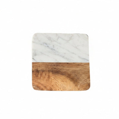 White marble and acacia wood square coaster on white background