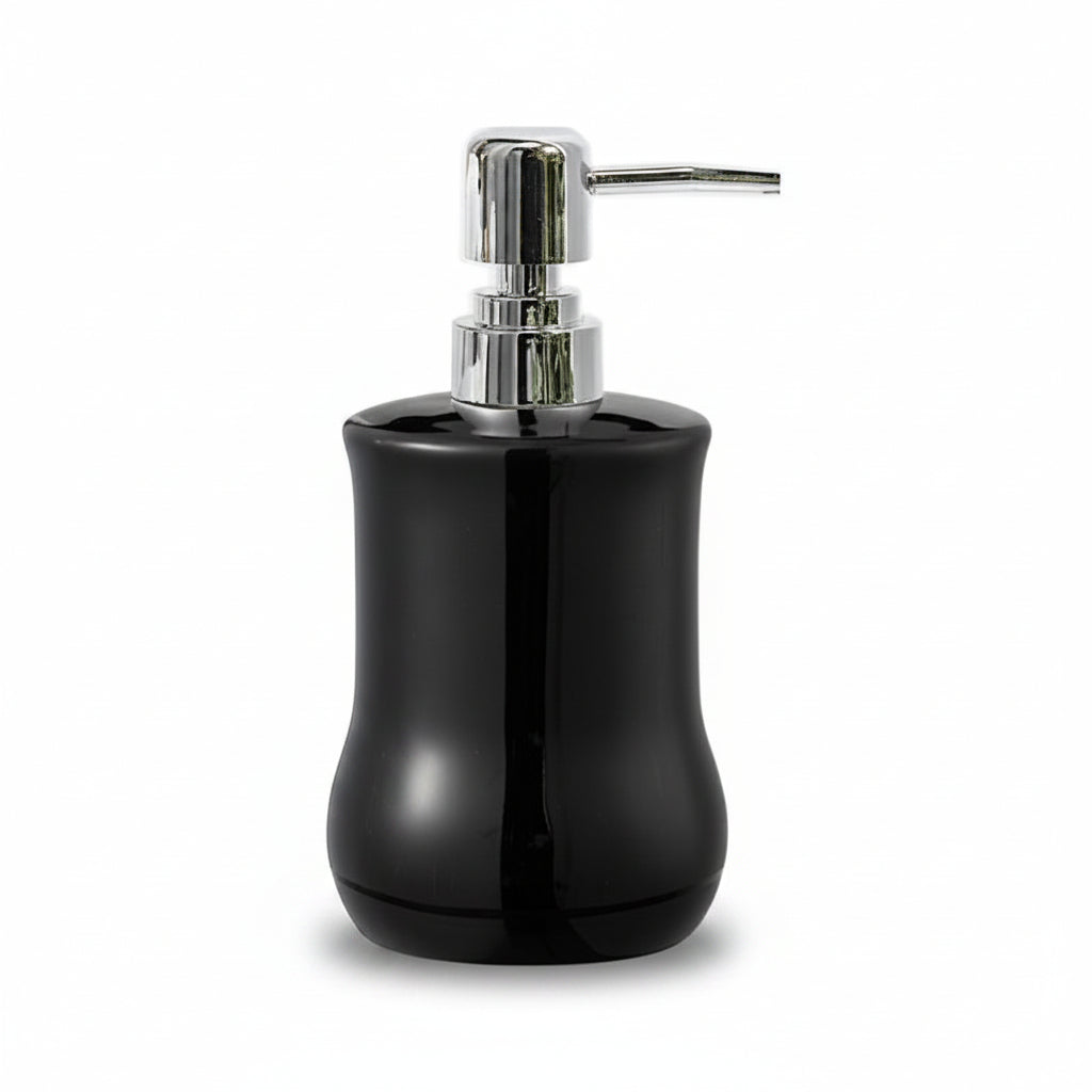 Black soap dispenser with silver pump on a white background