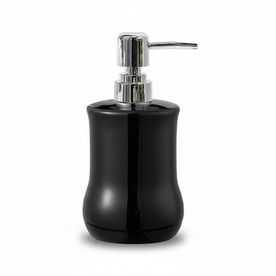 Black soap dispenser with silver pump on a white background