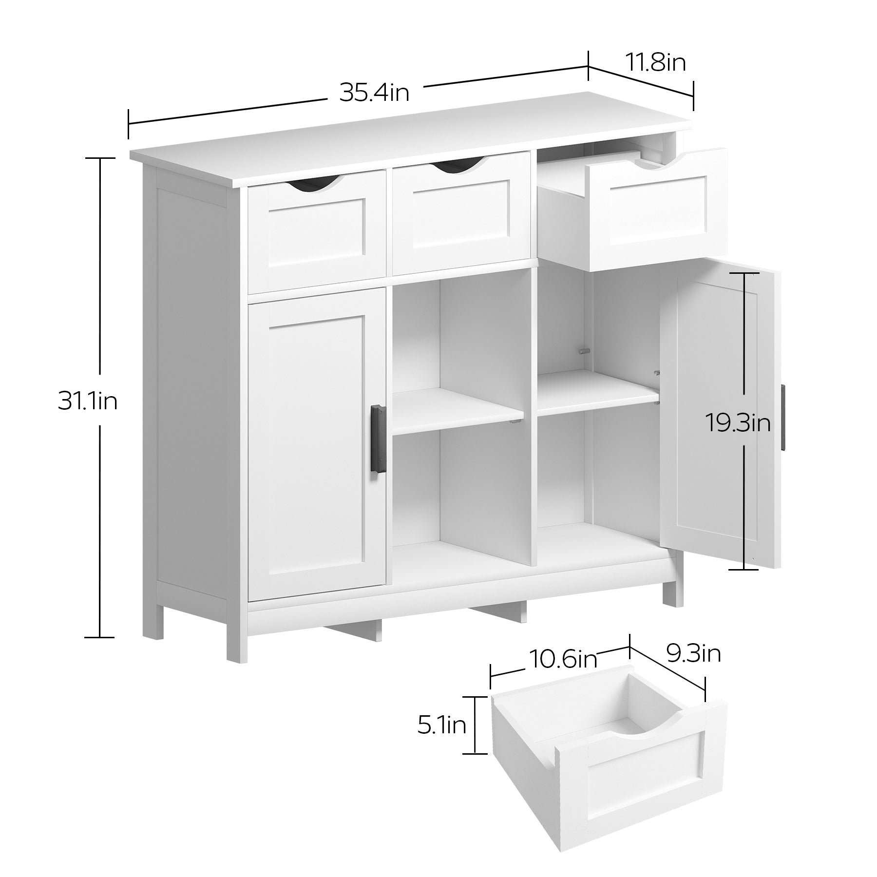 White cabinet with dimensions labeled on a white background