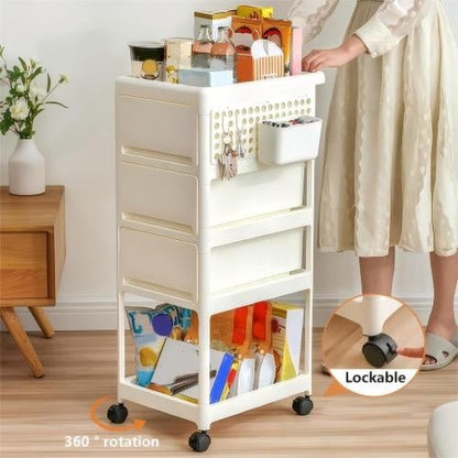 White storage cart with multiple drawers and shelves, filled with items, in a room setting.