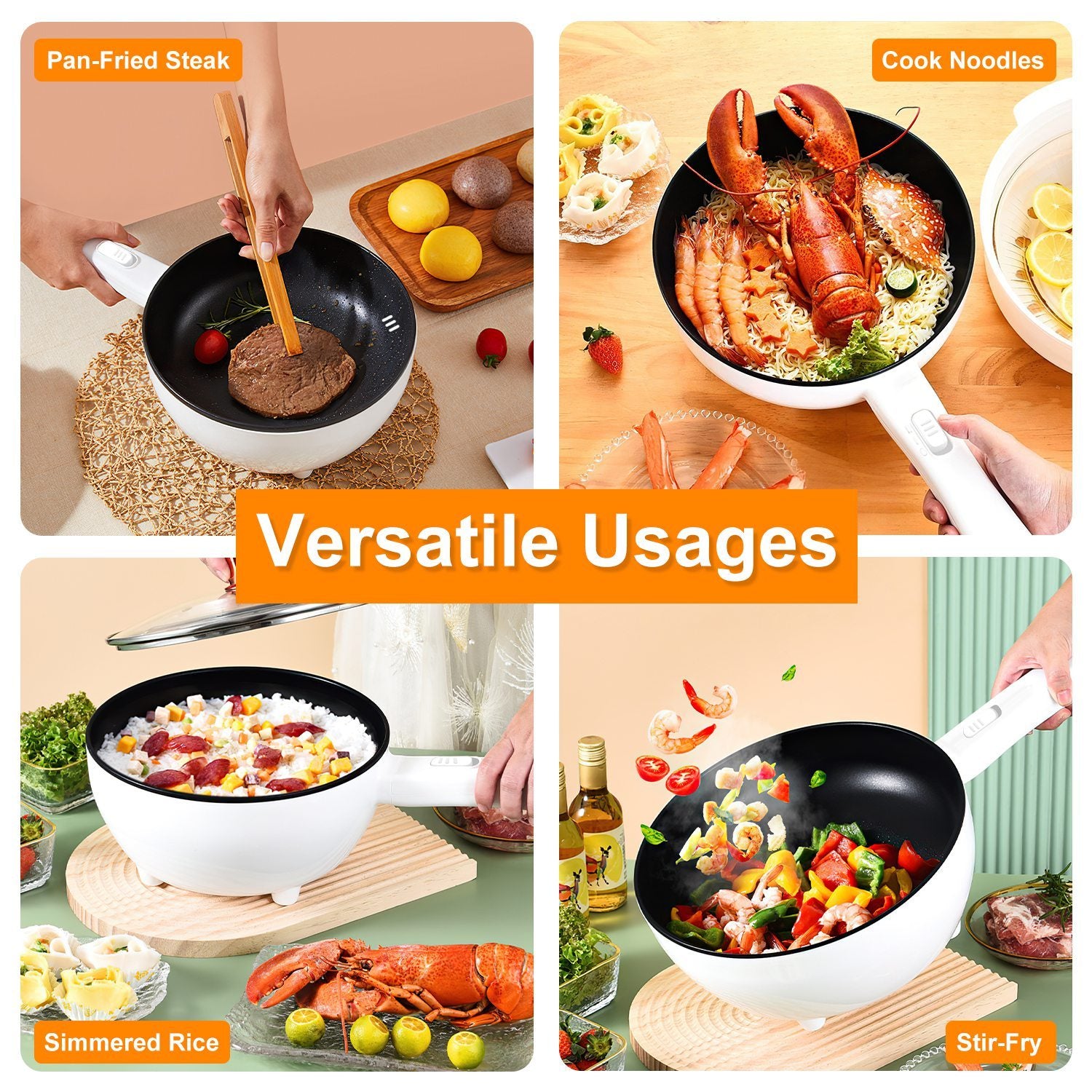 Collage of a frying pan being used for various dishes with text indicating usage.