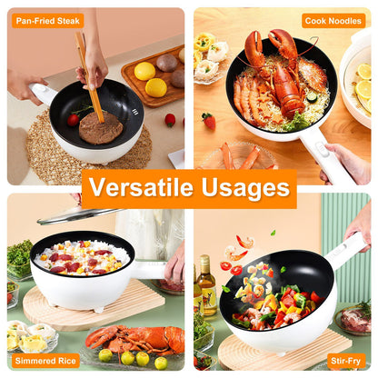 Collage of a frying pan being used for various dishes with text indicating usage.