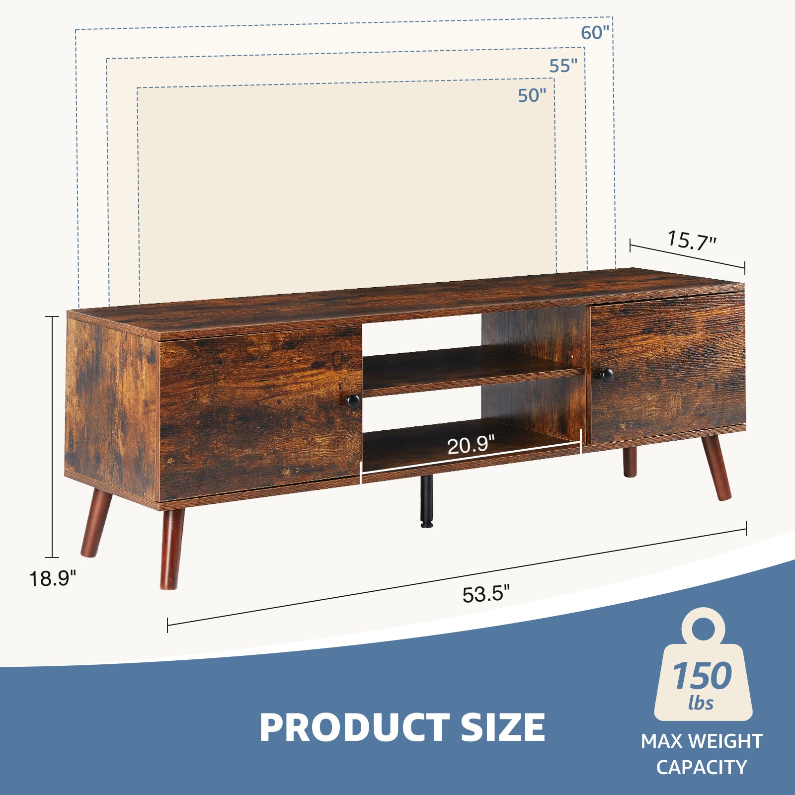 Wooden TV stand with dimensions and weight capacity displayed