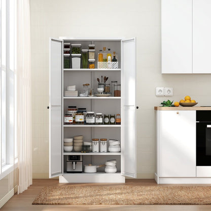 White kitchen pantry with open doors displaying various kitchen items in a well-lit room.