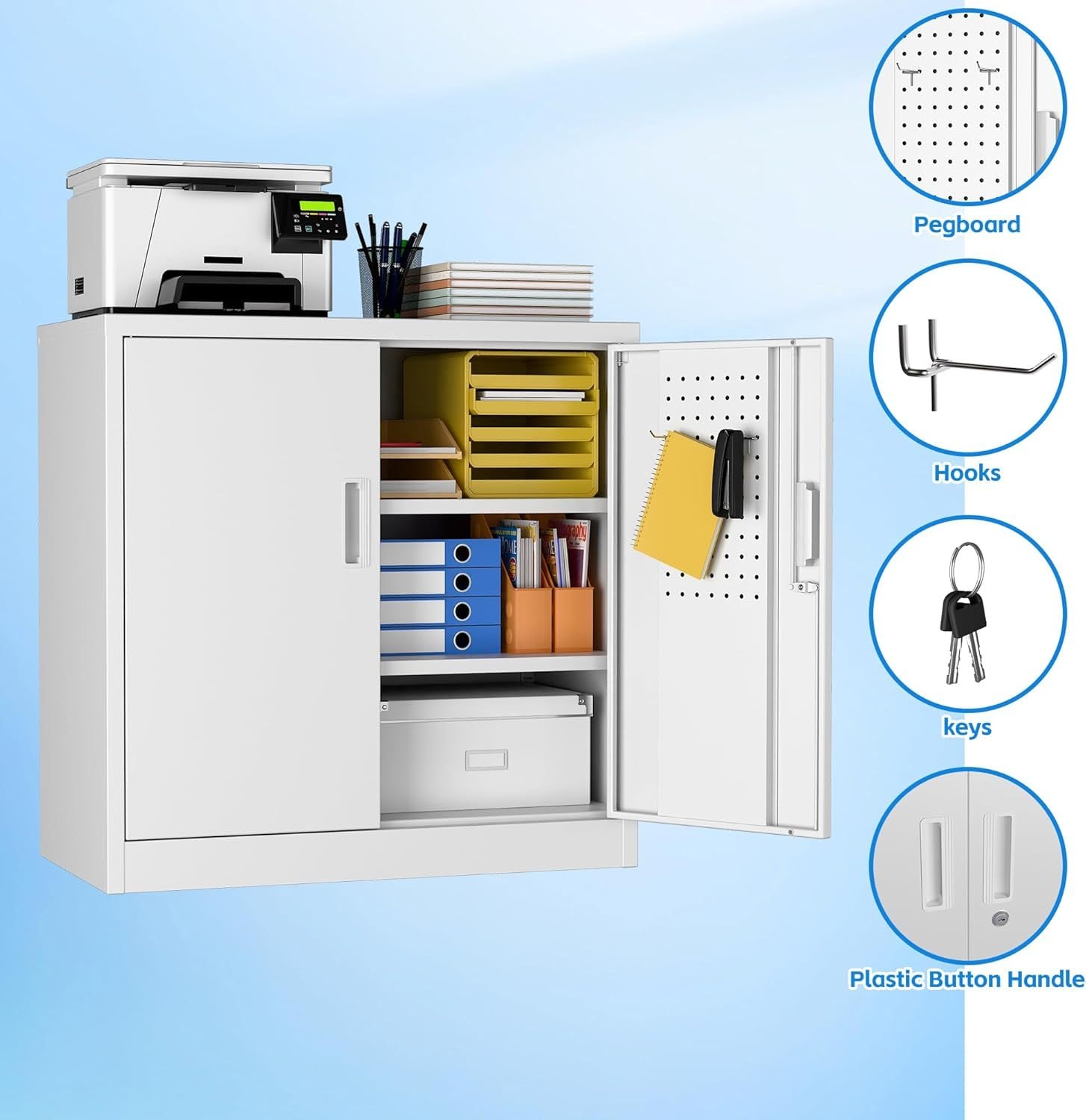 White storage cabinet with open door showing organized shelves, on a light blue background.