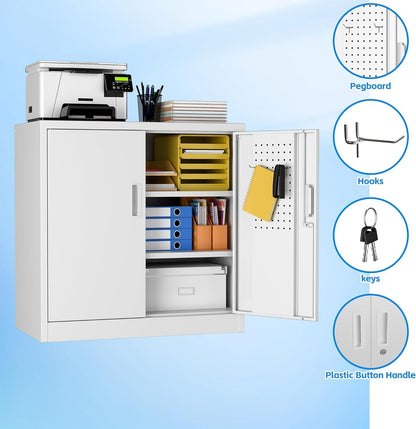 White storage cabinet with open door showing organized shelves, on a light blue background.