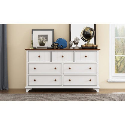 White dresser with wooden top in a room setting