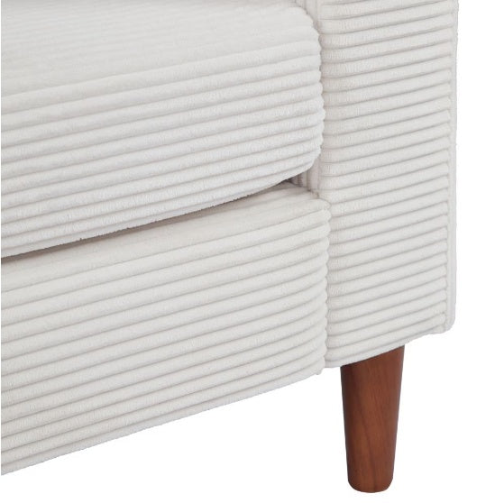 Close-up of a white woven chair with a wooden leg on a white background
