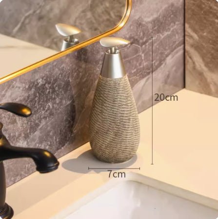 Decorative bottle on a bathroom counter with measurements indicated
