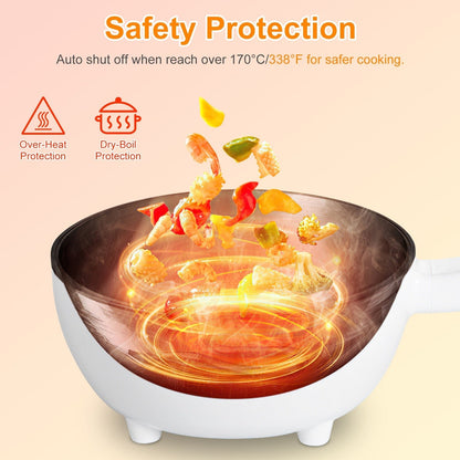 Cooking pot with safety features and food graphics on a beige background