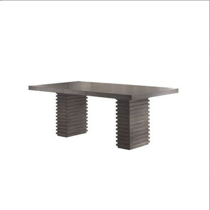 Rectangular dining table with a textured base on a white background
