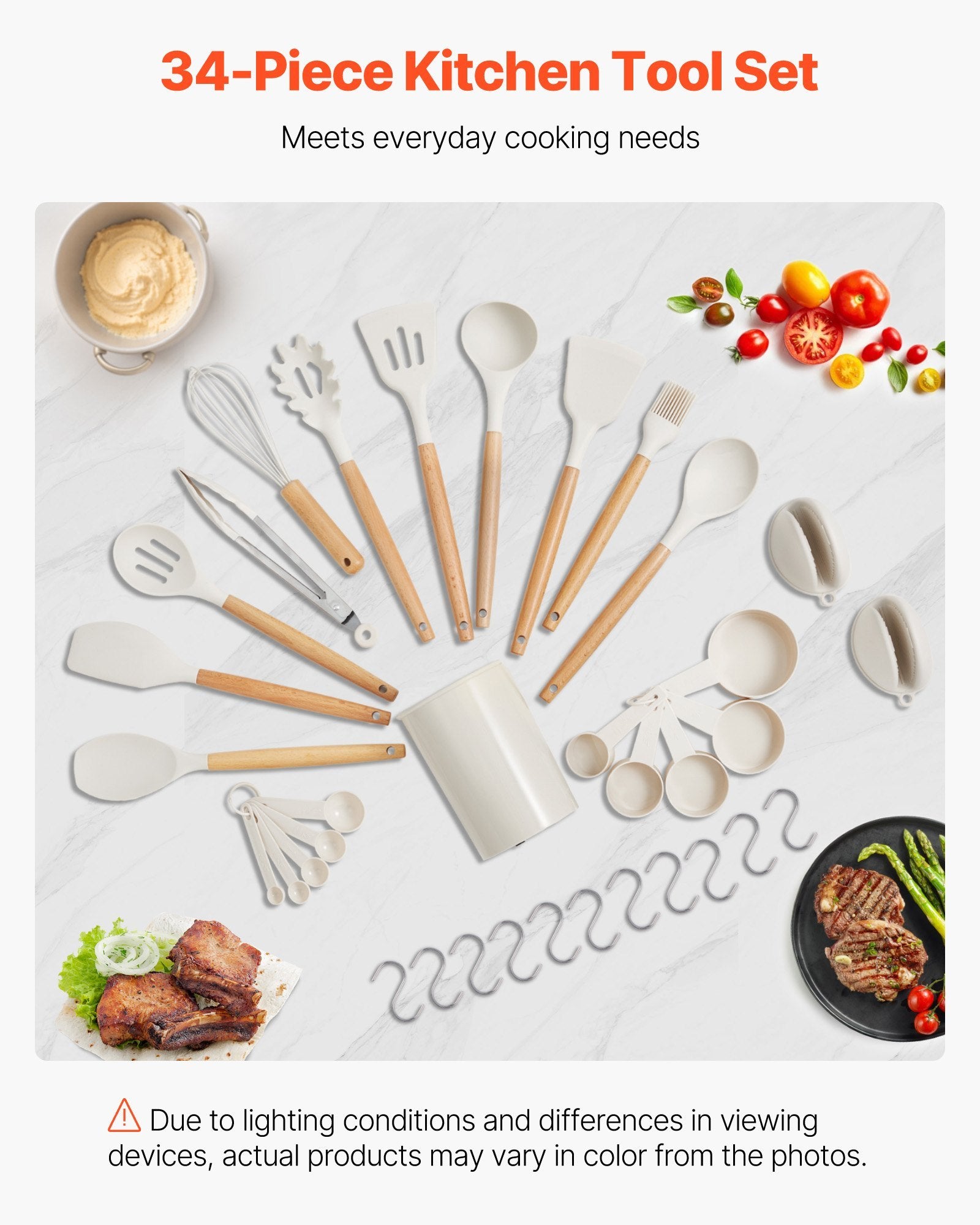 34-piece kitchen tool set with various utensils on a white background