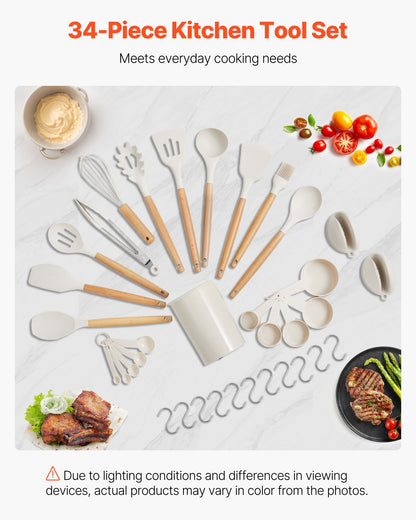 34-piece kitchen tool set with various utensils on a white background