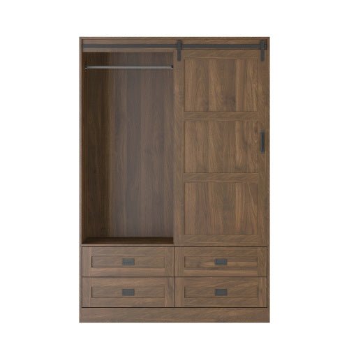 Wooden wardrobe with sliding door and drawers on a white background