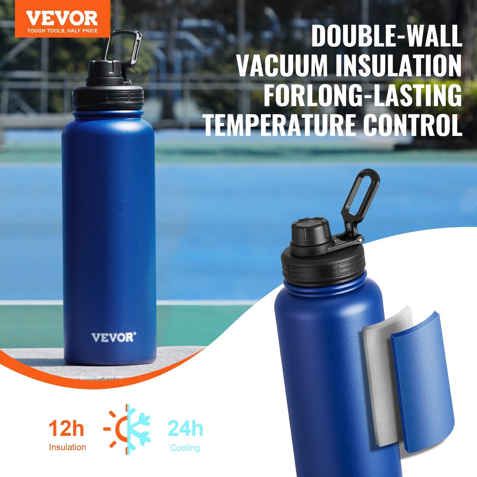 Blue Vevor water bottles with double-wall vacuum insulation feature on a sports court background.