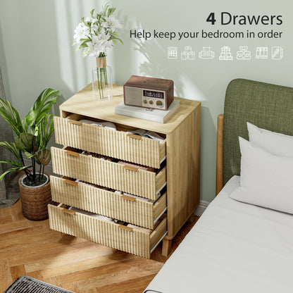 Wooden nightstand with four drawers in a bedroom setting, featuring a radio and plant.
