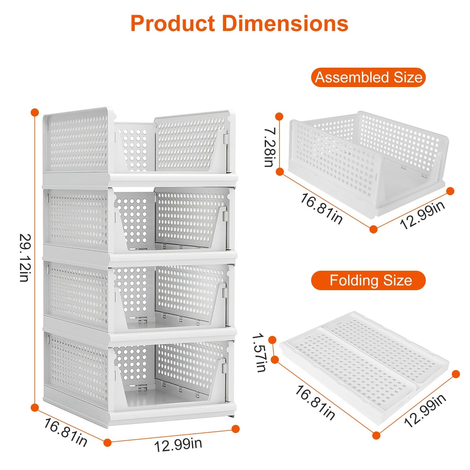 White storage crates with dimensions displayed on a white background