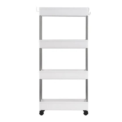 White rolling cart with three shelves on a white background