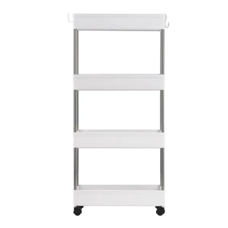 White rolling cart with three shelves on a white background