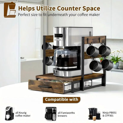 Wooden coffee maker stand with cups and coffee makers on a kitchen counter.