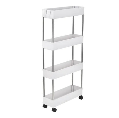 White metal utility cart with three shelves on a white background