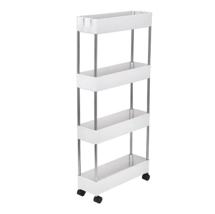 White metal utility cart with three shelves on a white background