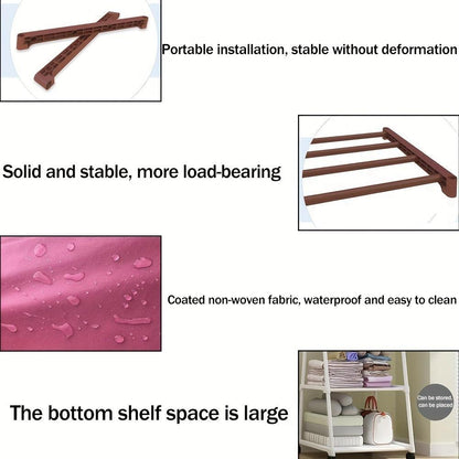 Product features including stability, load-bearing capacity, waterproof fabric, and large bottom shelf space.