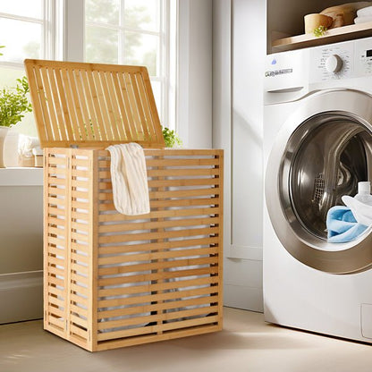 Wooden laundry basket with a towel next to a washing machine in a bright laundry room.