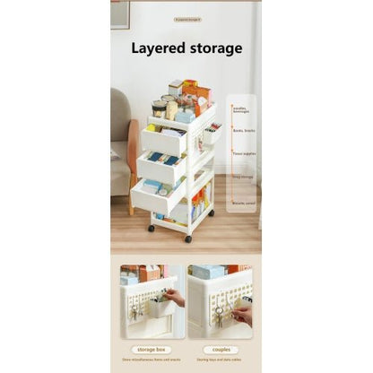 White layered storage cart with various items in a room setting, labeled 'Layered storage'.