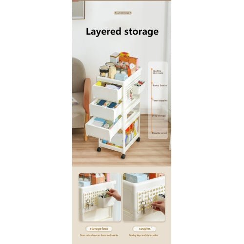 White layered storage cart with various items in a room setting, labeled 'Layered storage'.