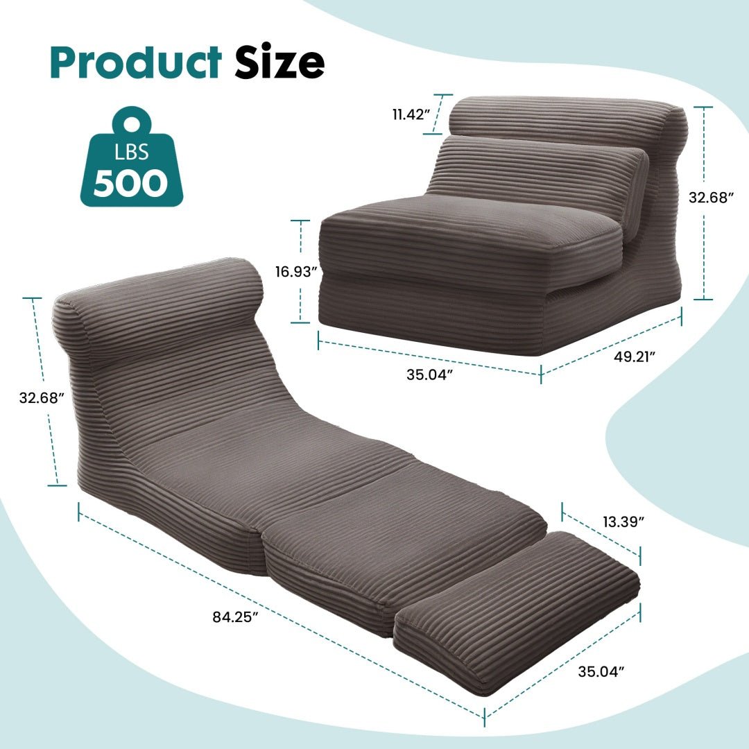 Measurement chart of a brown outdoor lounge chair with dimensions on a light blue background.