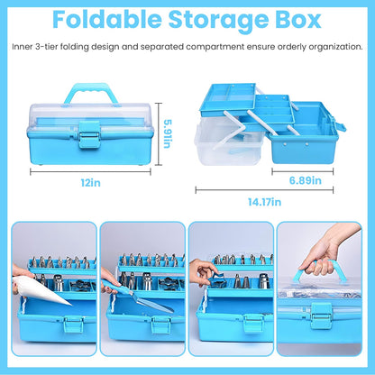 Blue foldable storage box with compartments and measurements on a blue background