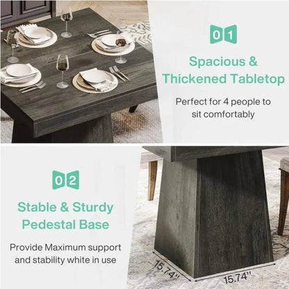 Wooden dining table with placemats and cutlery, featuring text on spaciousness and stability.