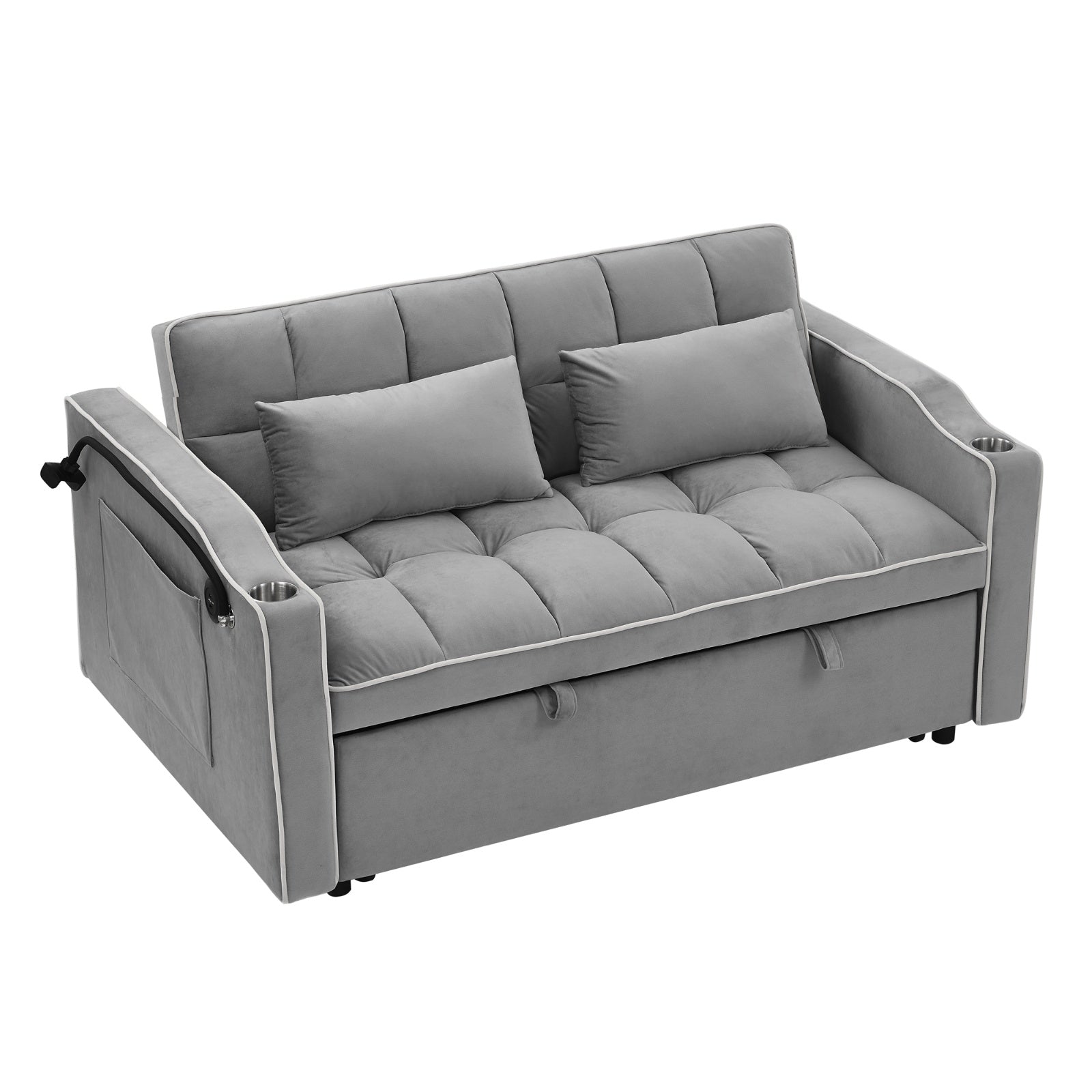 Gray sofa bed with two pillows on a white background