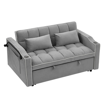 Gray sofa bed with two pillows on a white background