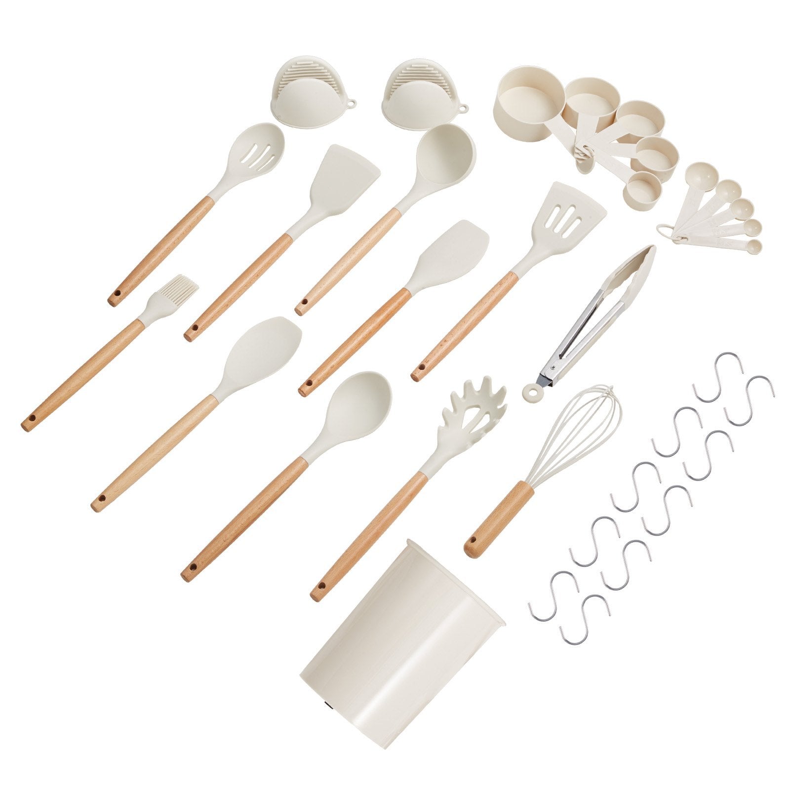 Set of kitchen utensils including spatulas, spoons, and measuring cups on a white background