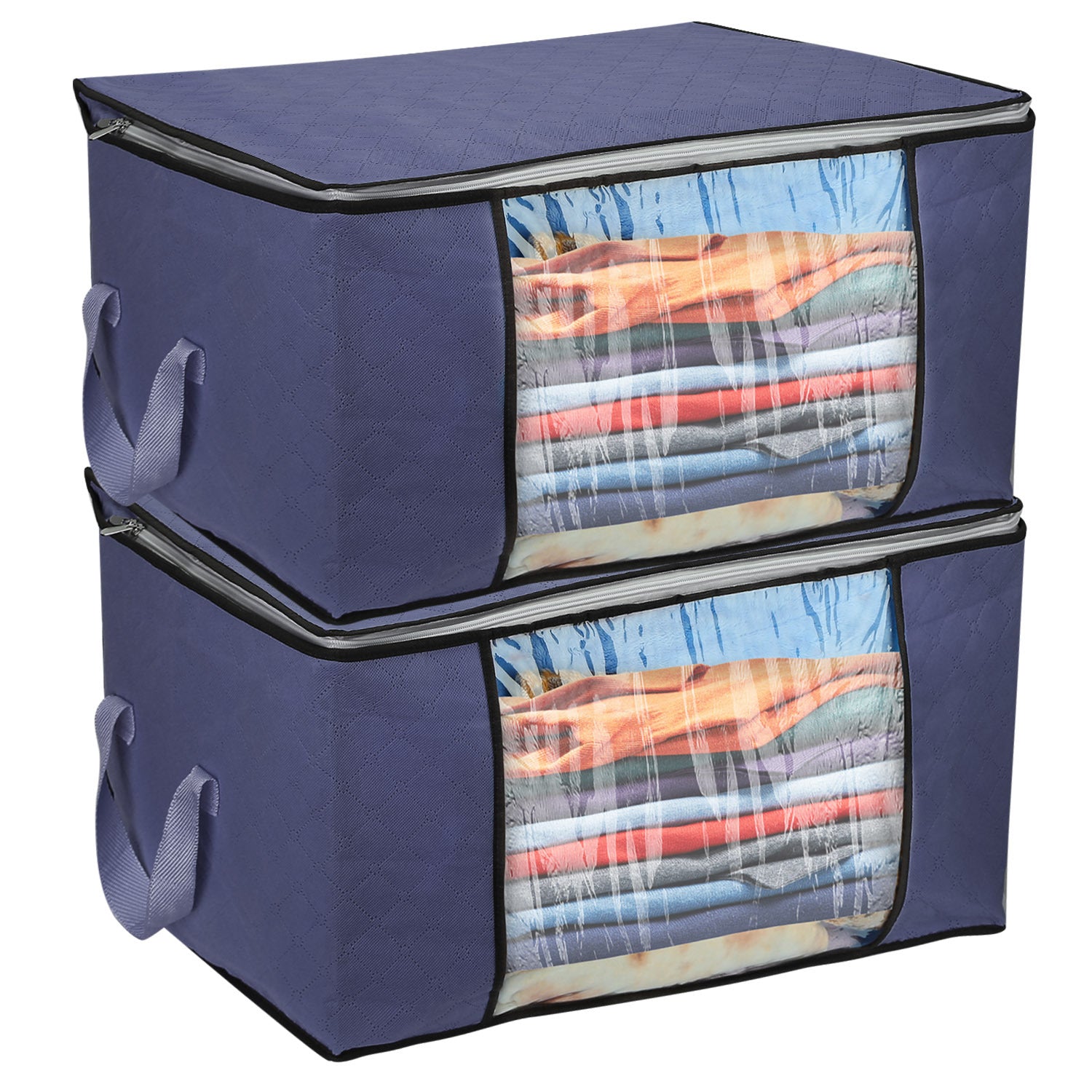 Blue storage bags with transparent windows showing folded clothes on a white background