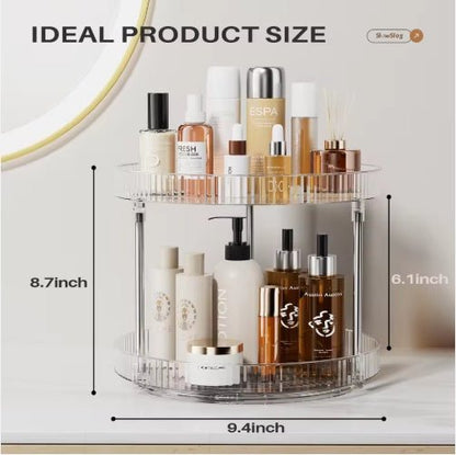 Cosmetic organizer with various bottles on a white background, showing ideal product size.