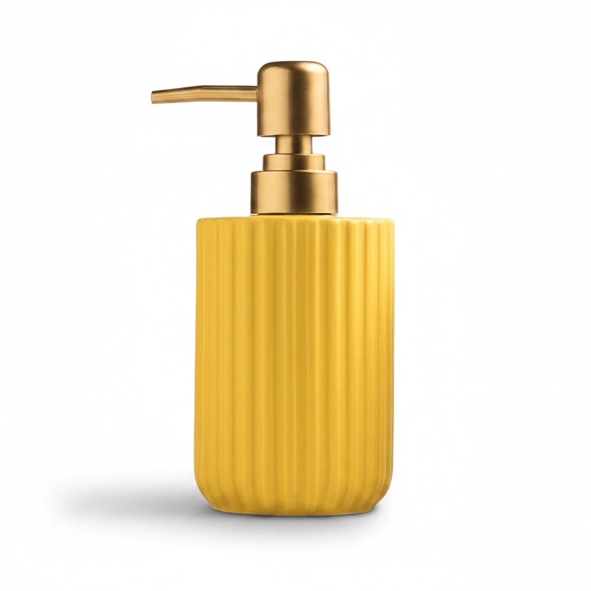 Yellow striped lotion bottle with gold pump, showing dimensions and weight on a white background.