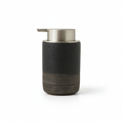 A black brushed mousse pump bottle with dimension markings showing a height of 13.5cm, a body width of 8cm, and a pump head width of 8cm, on a plain white background.