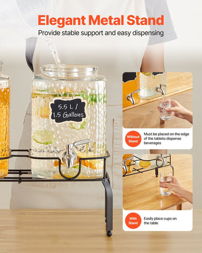 Glass drink dispenser with metal stand on a wooden surface, featuring text about stable support and easy dispensing.